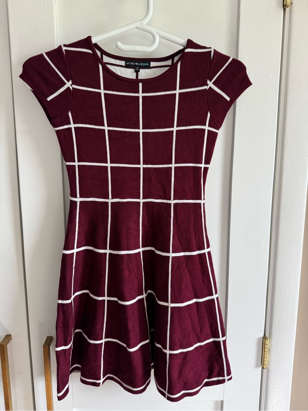 My Michelle Burgundy & White Windowpane Fit-and-Flare Dress